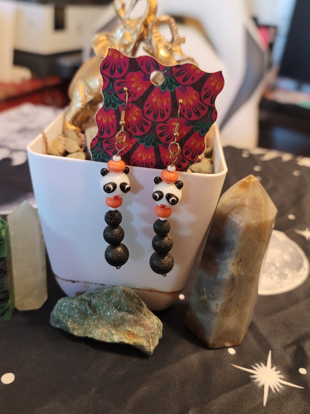 🔥3 For $20 Handmade Black and Orange Panda Bead Drop Earrings